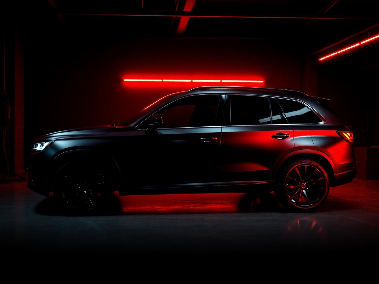 Black SUV with red lighting